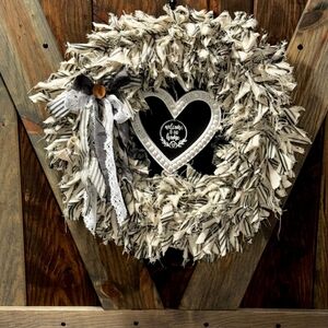 Cream and Black Rag Wreath with Heart Chalkboard Accent